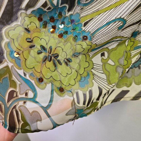 Women's Sheer Green Brown Hippy Floral Print Peasant Top M 3/4 Sleeve Boho Style - Picture 7 of 10